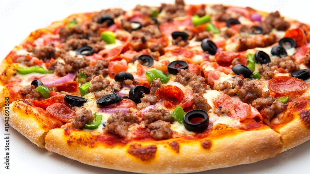 Close-Up of Rustic Pizza with Toppings on White Background Close-Up of Rustic Pizza with Toppings on White Background