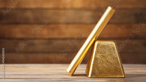 Gold bar and gold ingot resting on a wooden surface, symbolizing wealth and investment. Ideal for financial themes and luxury imagery. photo