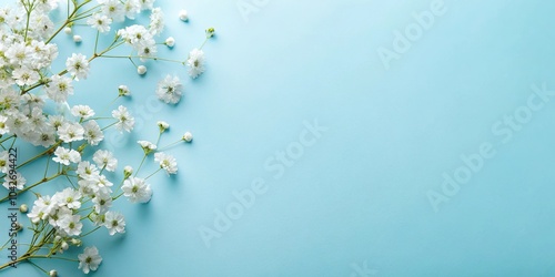 High angle view of delicate white flowers on a light blue background