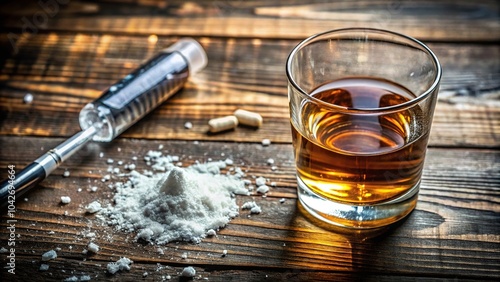 High angle view of drug abuse with cocaine addiction and alcohol consumption, representing health dangers