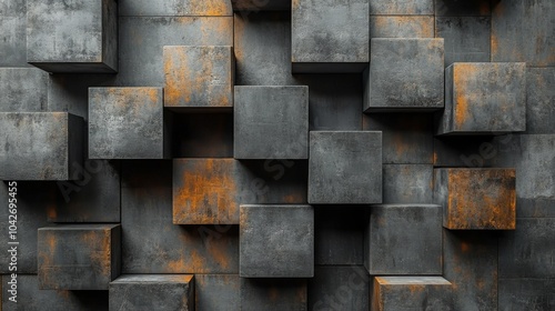 A textured gray wall showcases an arrangement of concrete cubes in different sizes, creating a striking visual effect in contemporary interior design.