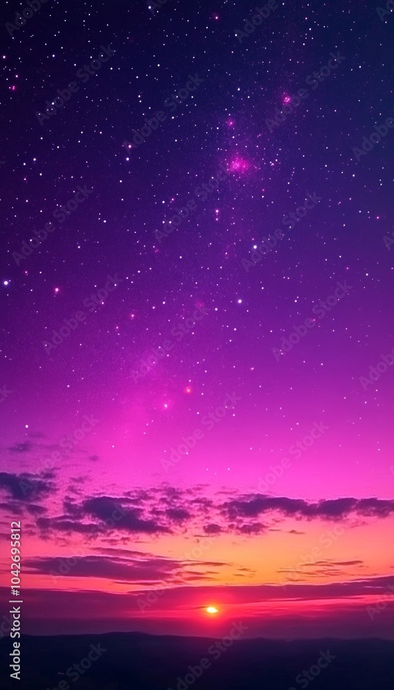 A vibrant sunset with a deep purple sky filled with twinkling stars. A vibrant sunset with a deep purple sky filled with twinkling stars.