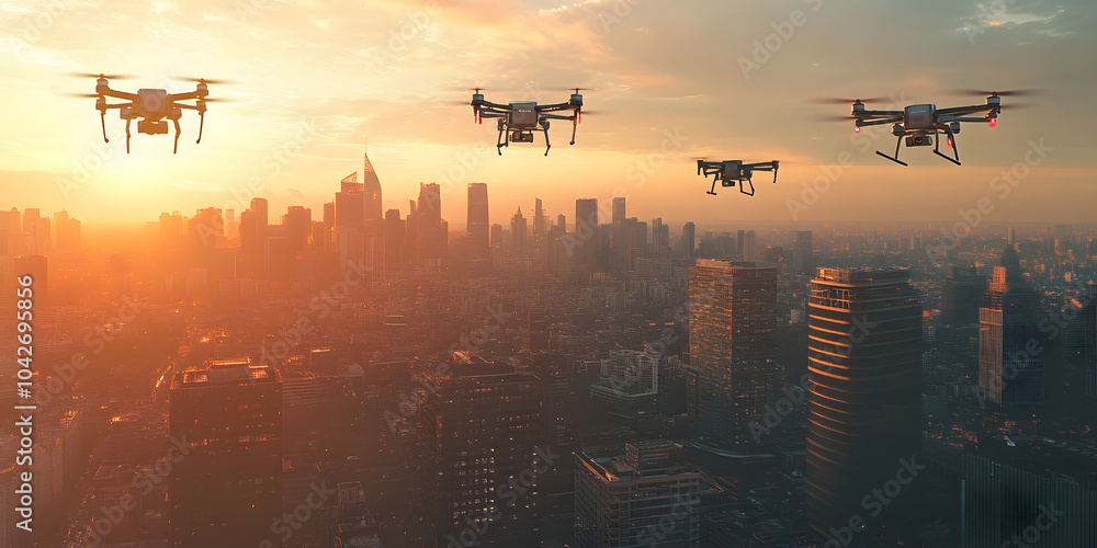 Drones flying over bustling cityscape at sunset Drones flying over bustling cityscape at sunset