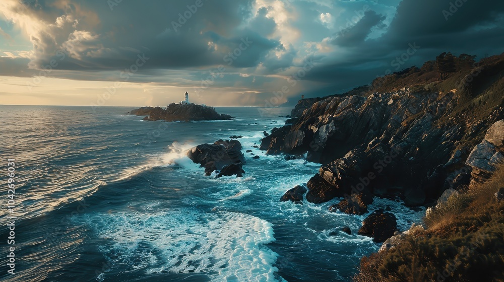Fototapeta premium Scenic Seaside Cliff with Distant Lighthouse View