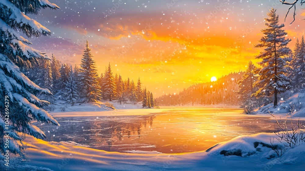 Naklejka premium A painting of a snowy landscape with a lake in the middle of it