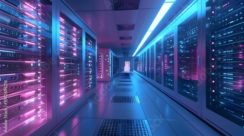 Digital Data Center Network Diagram with Futuristic Neon Blue and Dark Architecture photo