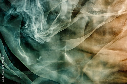 Abstract photo of sheer fabric with smokey wisps of white and teal.