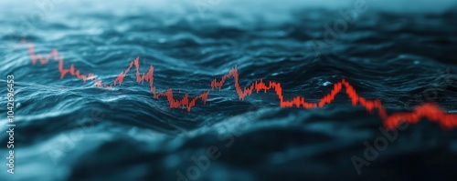 Shattered stock market graphs floating in a stormy sea, reflecting the financial chaos