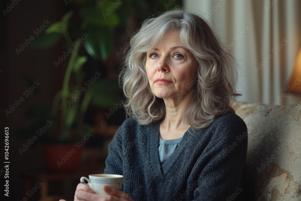 A woman with gray hair is sitting on a couch, holding a cup of coffee, and looking to the side with a serious expression A woman with gray hair is sitting on a couch, holding a cup of coffee, and looking to the side with a serious expression
