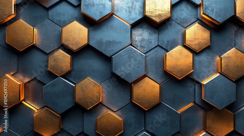 A striking wall composed of interlocking hexagonal shapes in metal, featuring a blend of dark and shiny golden finishes. The design highlights contemporary industrial elegance.