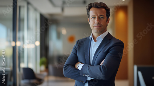 A businessman, arms crossed, standing in a sleek, modern office, exuding calm confidence.