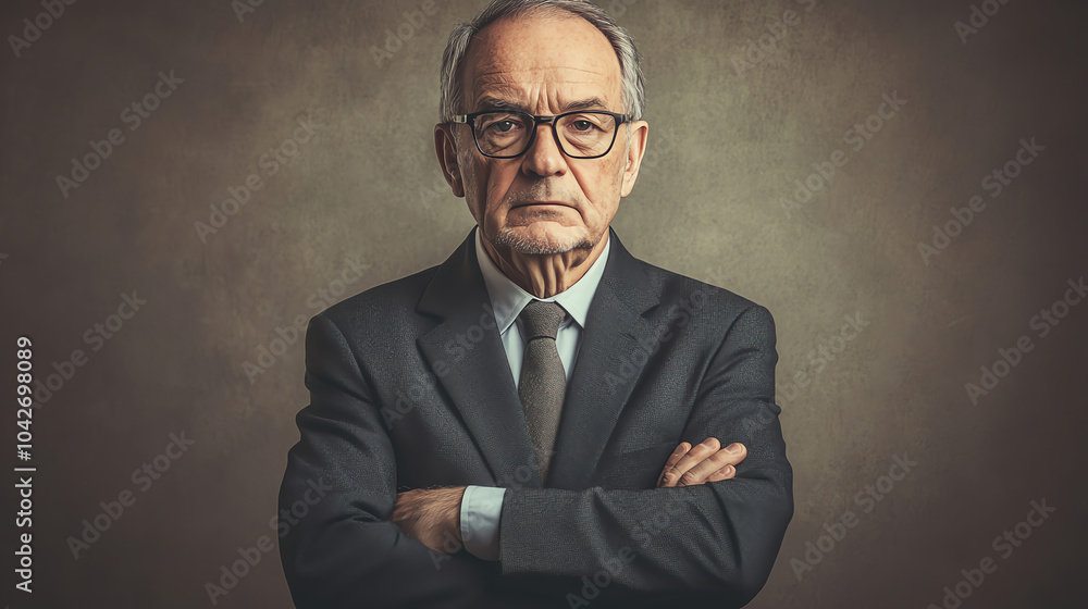 A businessman with arms folded, staring confidently ahead in a strategic planning session. A businessman with arms folded, staring confidently ahead in a strategic planning session.