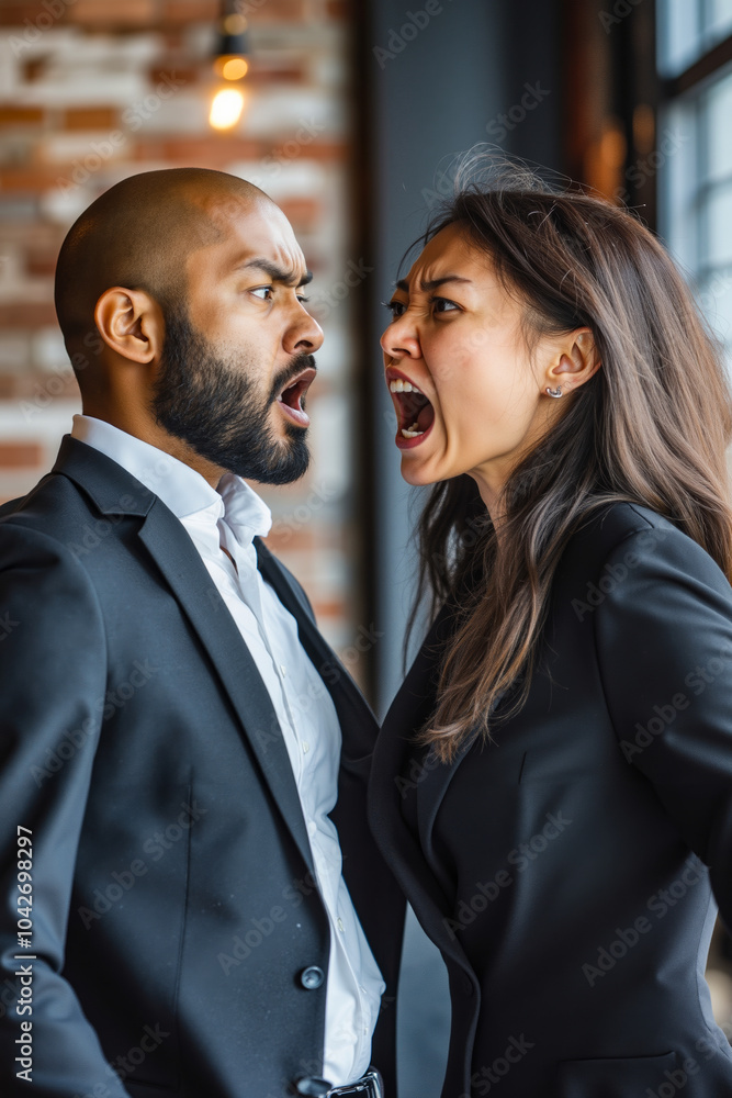 A man and woman in business attire are engaged in a heated conversation, with the woman appearing to be upset and the man looking surprised A man and woman in business attire are engaged in a heated conversation, with the woman appearing to be upset and the man looking surprised