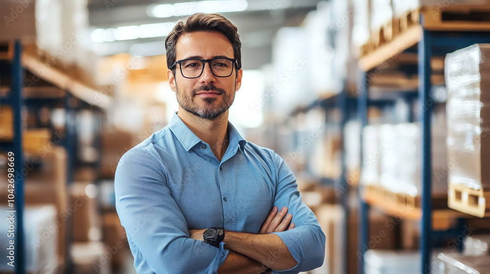 A confident logistics supervisor, arms crossed, observing the smooth flow of goods in a busy warehouse. A confident logistics supervisor, arms crossed, observing the smooth flow of goods in a busy warehouse.