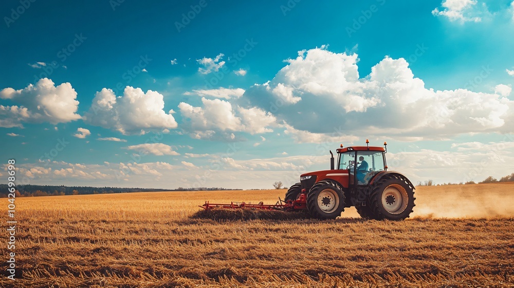 Obraz premium Red Tractor Working in a Field
