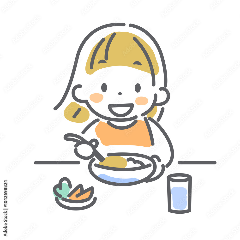 こどもの感染症予防対策　バランスの良い食事　カラフルでかわいい線画イラスト
