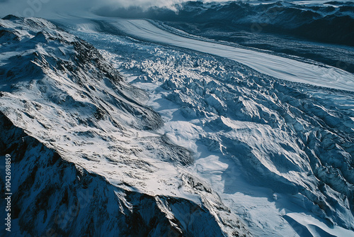 Melting glaciers in a mountainous region, visibly receding photo