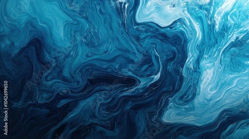 Abstract blue and teal swirling patterns resembling ocean waves or fluid art.