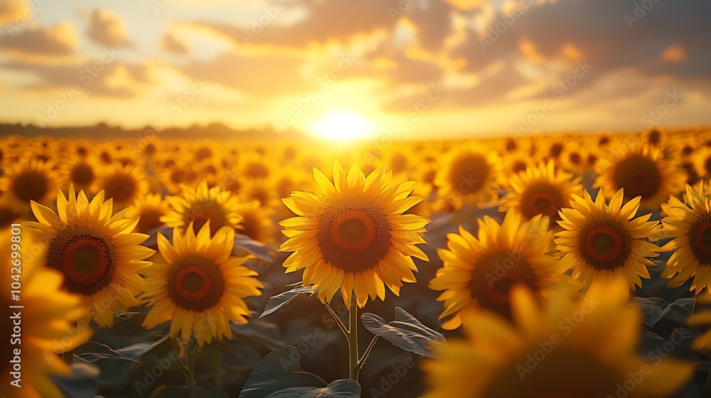 Fototapeta premium A field of sunflowers basking in the golden glow of a setting sun.