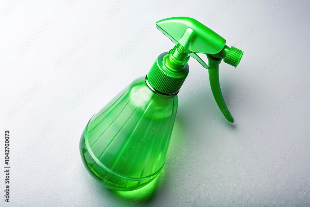 High angle view of green plastic spray bottle with plastic sprayer High angle view of green plastic spray bottle with plastic sprayer