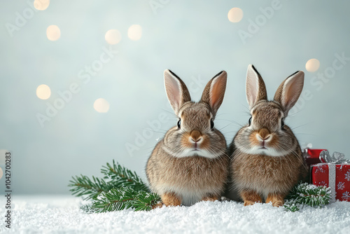 Cute Rabbits Surrounded by Holiday Decor: Perfect for Seasonal Greeting Cards and Festive Promotions photo