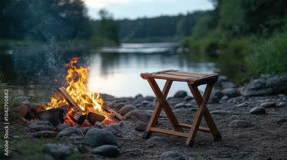 A cozy campfire by a serene river, with a wooden stool nearby. A cozy campfire by a serene river, with a wooden stool nearby.