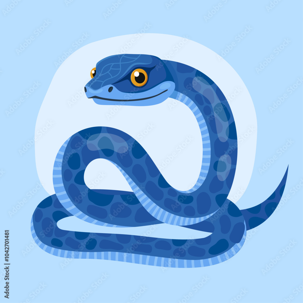 Fototapeta premium Cute blue snake on a light blue background. New Year of the Snake, Lunar New Year or Chinese New Year. Animal zodiac cartoon character, mascot, symbol of the year. Illustration for greeting card.