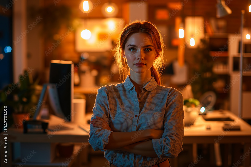 A woman with red hair stands in a dimly lit room with a desk and various objects, looking directly at the camera A woman with red hair stands in a dimly lit room with a desk and various objects, looking directly at the camera
