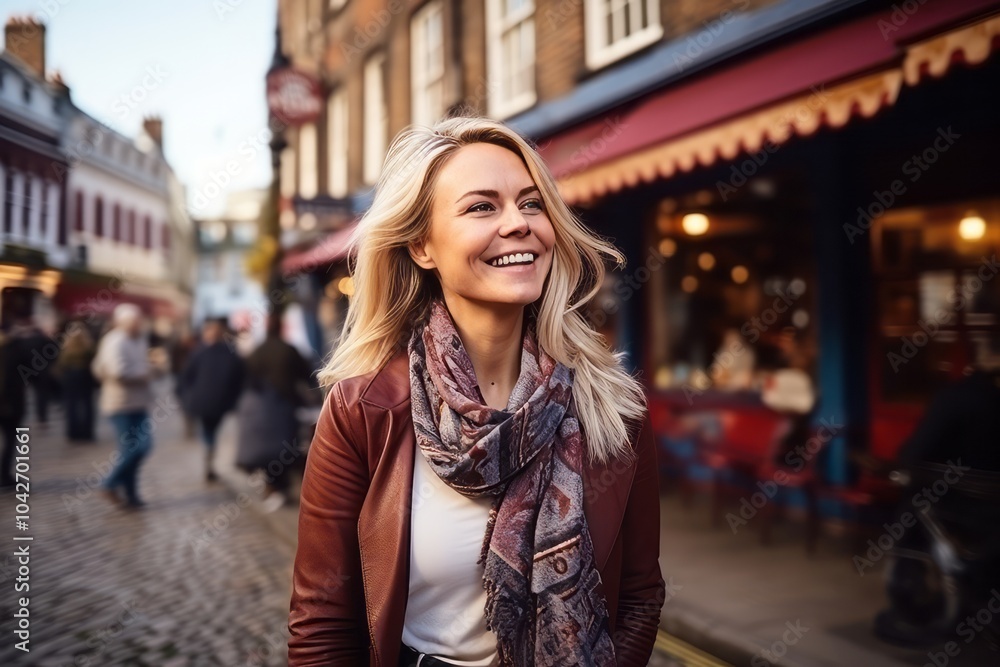 Portrait of a smiling young woman walking through the streets of London Portrait of a smiling young woman walking through the streets of London