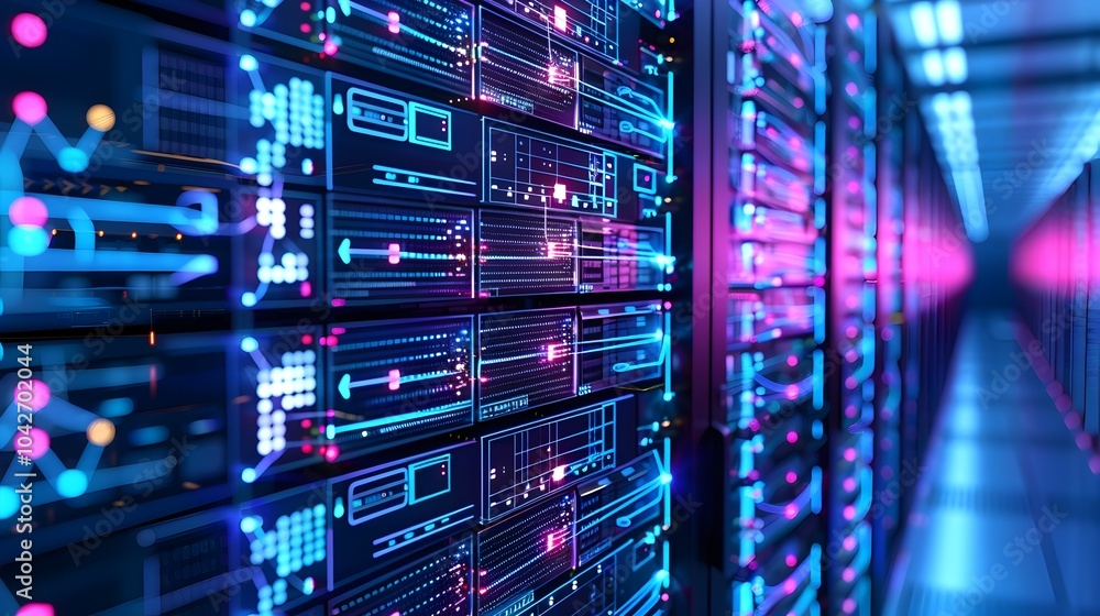 Futuristic Digital Data Center Network Diagram with Vibrant Colorful Lights Futuristic Digital Data Center Network Diagram with Vibrant Colorful Lights
