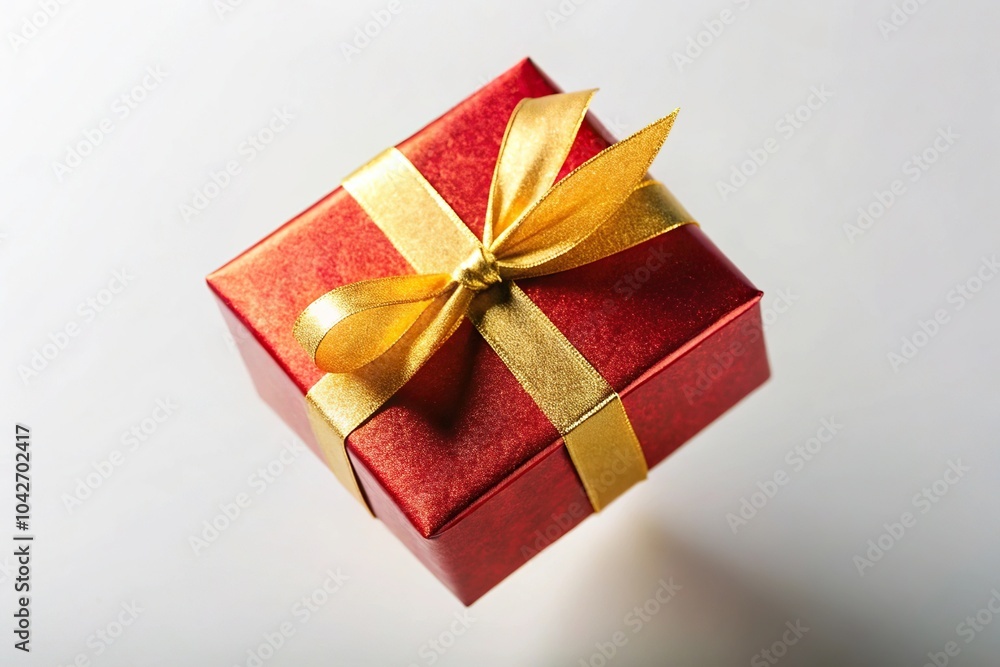 High angle view of isolated red and gold flying presents gifts High angle view of isolated red and gold flying presents gifts