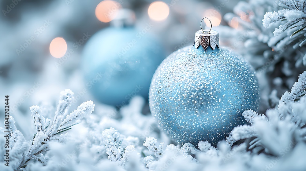 Sparkling Blue Christmas Ornament on a Snowy Branch Sparkling Blue Christmas Ornament on a Snowy Branch