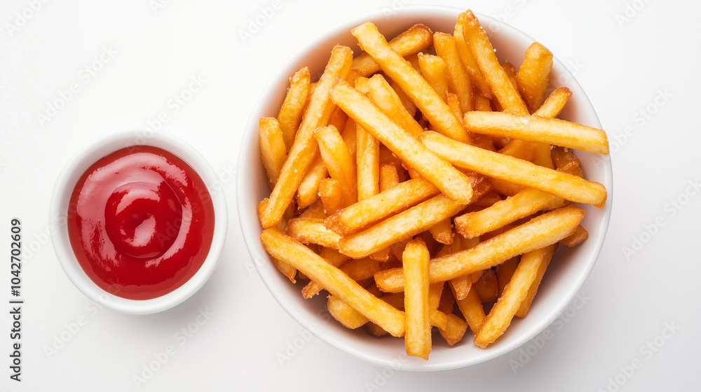 Fresh, crispy French fries in a bowl with a side of ketchup on a white background. Simple and appetizing dish Fresh, crispy French fries in a bowl with a side of ketchup on a white background. Simple and appetizing dish