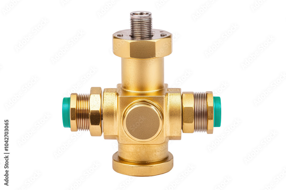 Brass valve with green fittings on a white isolated background. Brass valve with green fittings on a white isolated background.