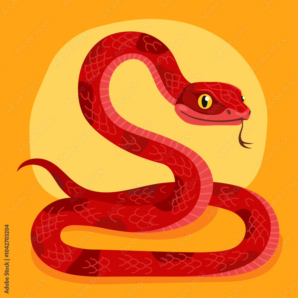 Obraz premium Cute red snake on a yellow background. New Year of the Snake, Lunar New Year or Chinese New Year. Animal zodiac cartoon character, mascot, symbol of the year. Illustration for greeting card.