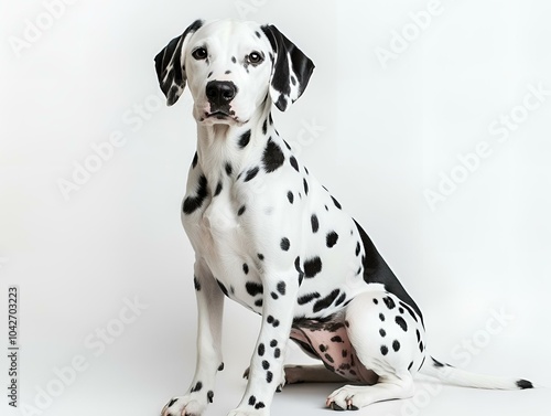 Dalmatian dog sitting against white background. photo