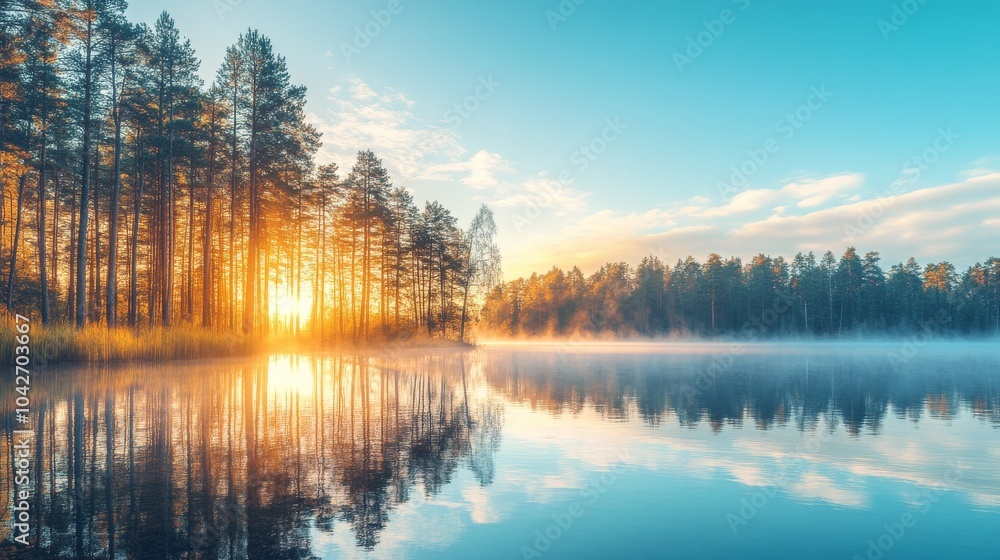 Misty sunrise over a serene lake in a forest with tall pine trees reflecting in the water. Misty sunrise over a serene lake in a forest with tall pine trees reflecting in the water.