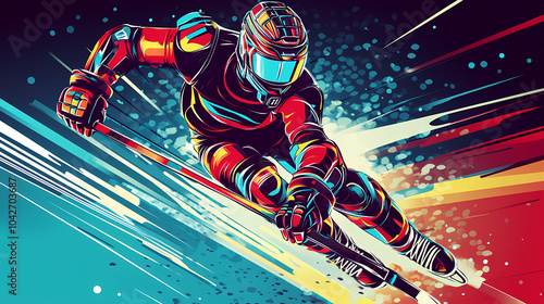 A hockey player displaying futuristic technology in a dynamic action, blending sports and advanced cybernetic elements pop art sticker vector.