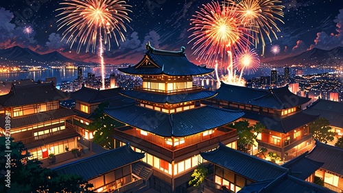 Japanese Cityscape with Fireworks at Night