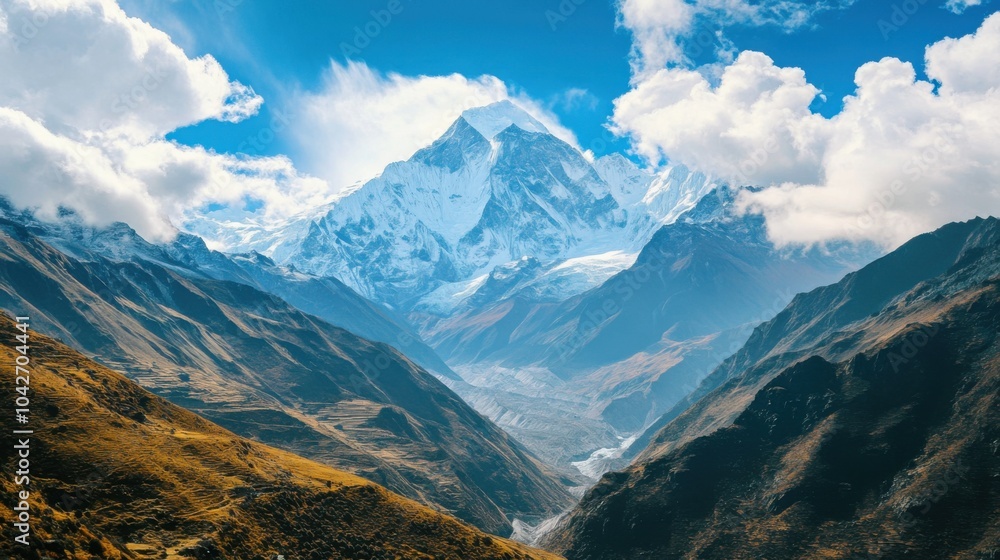 Majestic mountain landscape under a bright blue sky with clouds. Majestic mountain landscape under a bright blue sky with clouds.