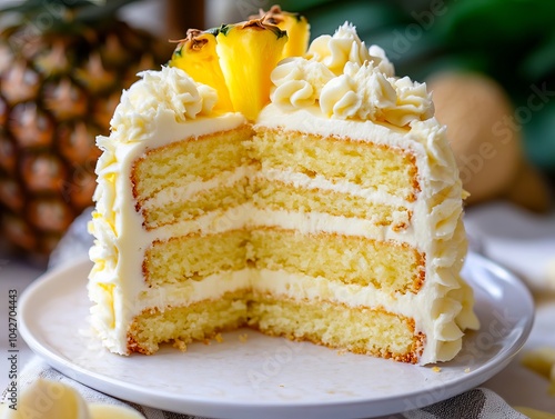 A slice of pineapple cake on a white plate photo