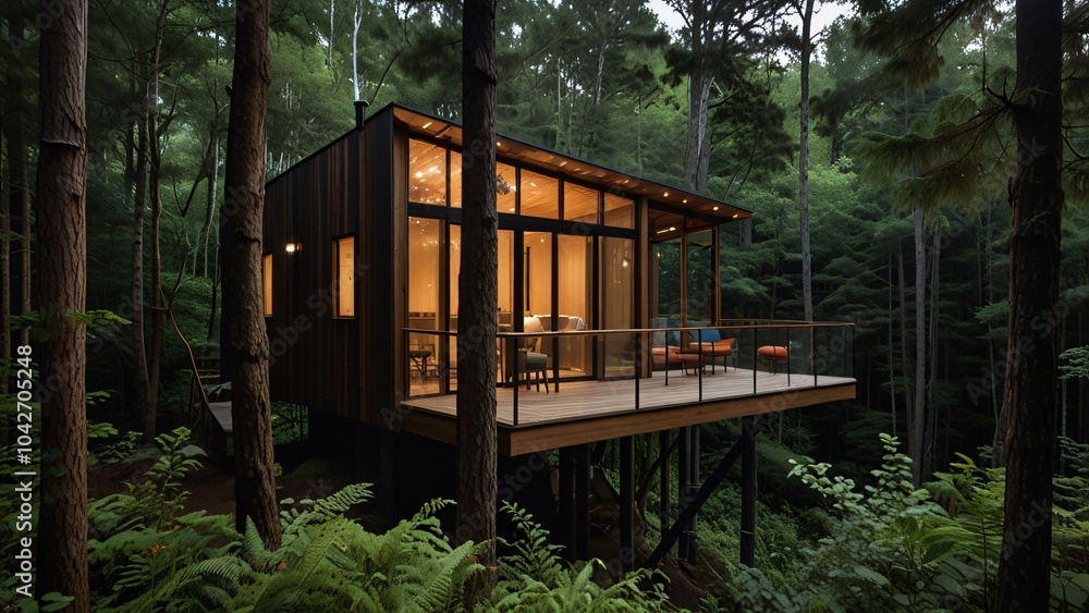 Modern Treehouse Cabin in Forest with Deck and Views Modern Treehouse Cabin in Forest with Deck and Views