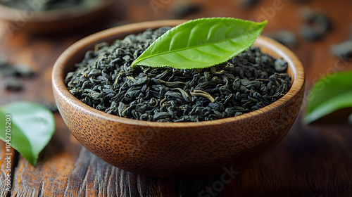 Green Tea Leaves in a Wooden Bowl on an Old Rustic Table, Showcasing the Natural Beauty of Tea and the Charm of Rustic Decor. Ideal for Wellness, Relaxation, and Tea Enthusiasts. 