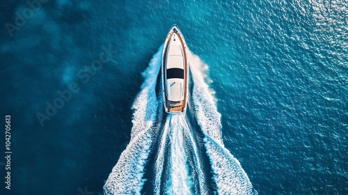 Aerial view of a luxury yacht cruising through crystal clear waters, creating waves and showcasing the beauty of maritime adventure.