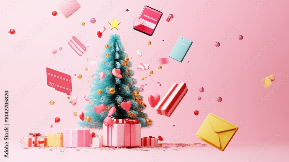 Abstract 3D model of a smartphone with exploding icons of shopping,Christmas day in winter season,gifts and christmas tree,santa,happy new year,discounts and digital payment solutions,pastel theme. Abstract 3D model of a smartphone with exploding icons of shopping,Christmas day in winter season,gifts and christmas tree,santa,happy new year,discounts and digital payment solutions,pastel theme.