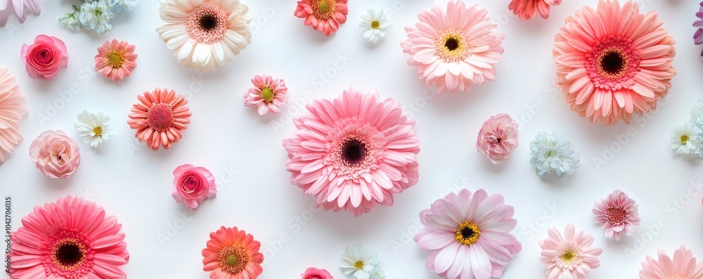 Fototapeta premium Colorful gerberas and other beautiful flowers flying in air on color background,Collection pink gerberas,Gerber Gerbera Daisy daisies flower floral,Mockup template artwork graphic design.