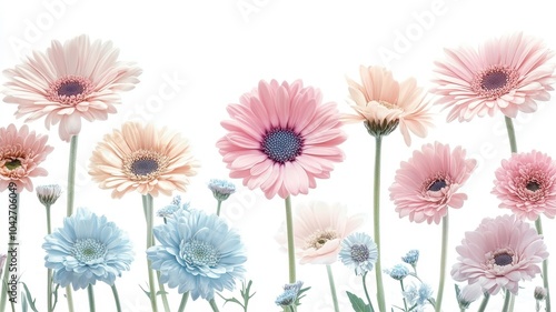 Colorful gerberas and other beautiful flowers flying in air on color background,Collection pink gerberas,Gerber Gerbera Daisy daisies flower floral,Mockup template artwork graphic design. photo