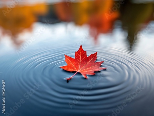 A vibrant red maple leaf gracefully floats on calm water, creating gentle ripples, capturing the beauty of autumn in nature.
