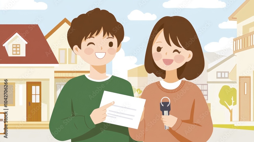 Happy Couple Holding Keys and Contract Outdoors Happy Couple Holding Keys and Contract Outdoors