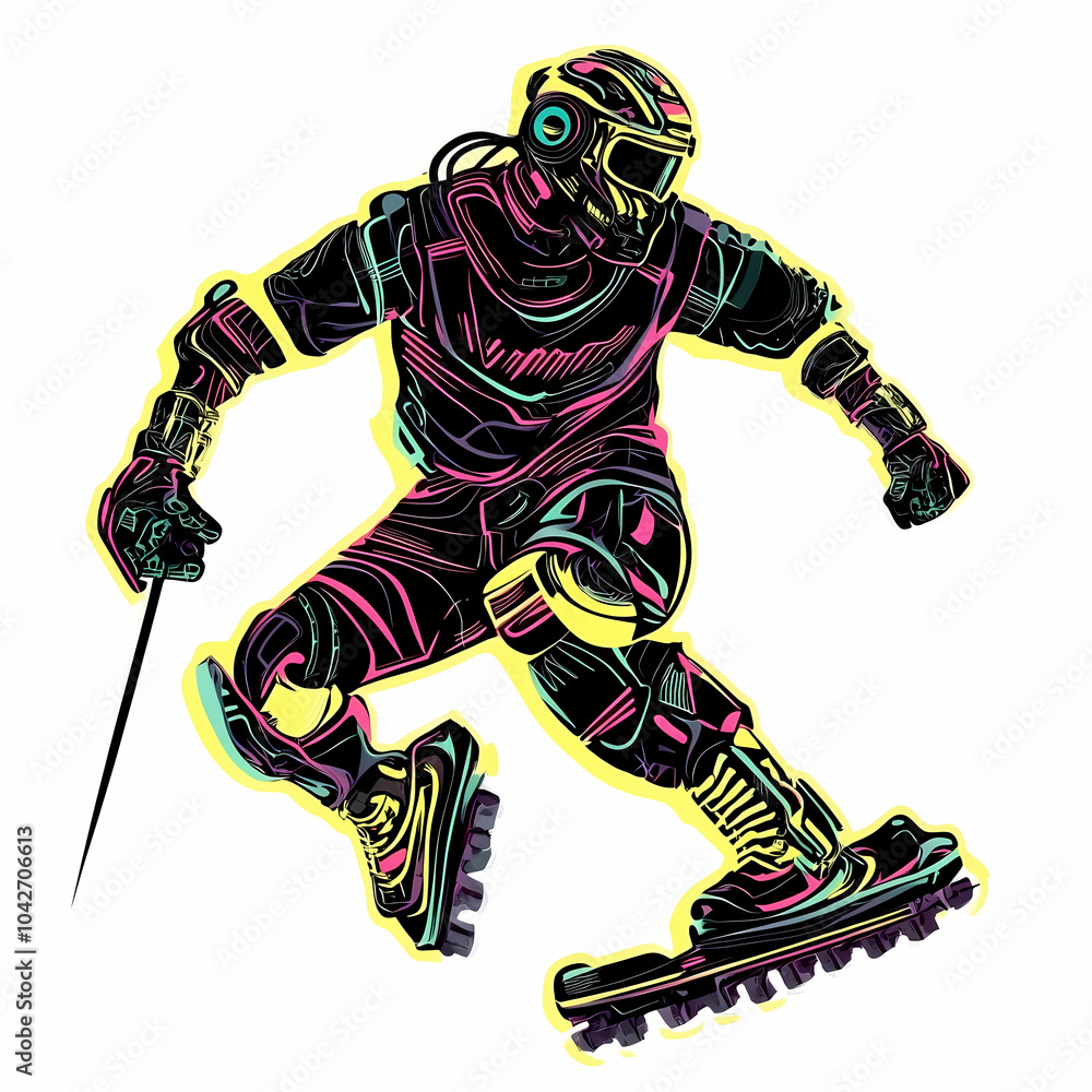 A hockey player displaying futuristic technology in a dynamic action, blending sports and advanced cybernetic elements pop art sticker vector. A hockey player displaying futuristic technology in a dynamic action, blending sports and advanced cybernetic elements pop art sticker vector.